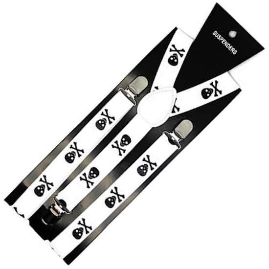 Mens Suspenders Braces Adjustable Strong Clip On Elastic Formal Wedding Slim - White with Black Skulls