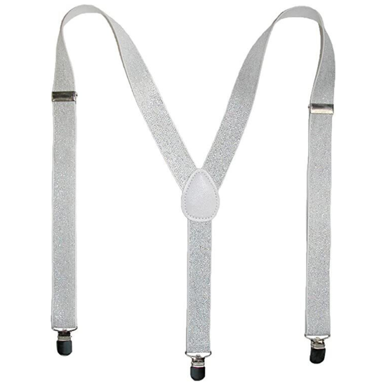 Mens Suspenders Braces Adjustable Strong Clip On Elastic Formal Wedding Slim - White (Glitter)