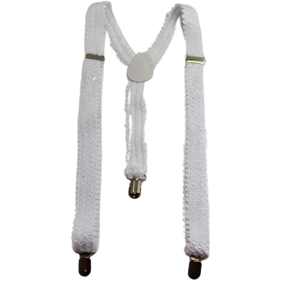 Mens Suspenders Braces Adjustable Strong Clip On Elastic Formal Wedding Slim - White (Sequin)