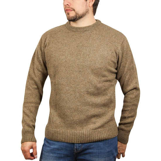 100% SHETLAND RAGG WOOL CREW Round Neck Knit JUMPER Pullover Mens Sweater Knitted - Nutmeg - XXL