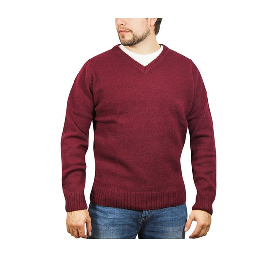 100% Shetland Ragg Wool V Neck Knit Jumper Pullover Mens Sweater Knitted - Burgundy - L
