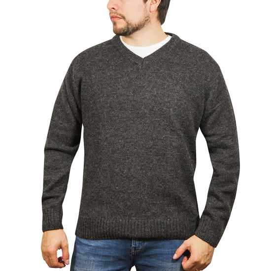 100% Shetland Ragg Wool V Neck Knit Jumper Pullover Mens Sweater Knitted - Charcoal - 3XL