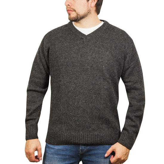 100% Shetland Ragg Wool V Neck Knit Jumper Pullover Mens Sweater Knitted - Charcoal - XL