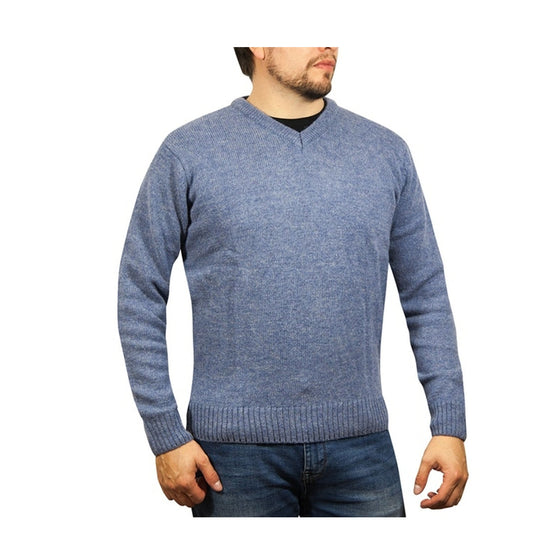 100% Shetland Ragg Wool V Neck Knit Jumper Pullover Mens Sweater Knitted - Sky - XL