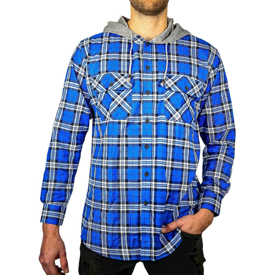 Mens Cotton Flannelette Shirt w Jersey Hood Long Sleeve Flannel - Spanish Blue - M