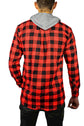 Mens Cotton Flannelette Shirt w Jersey Hood Long Sleeve Flannel - Red/Black - L