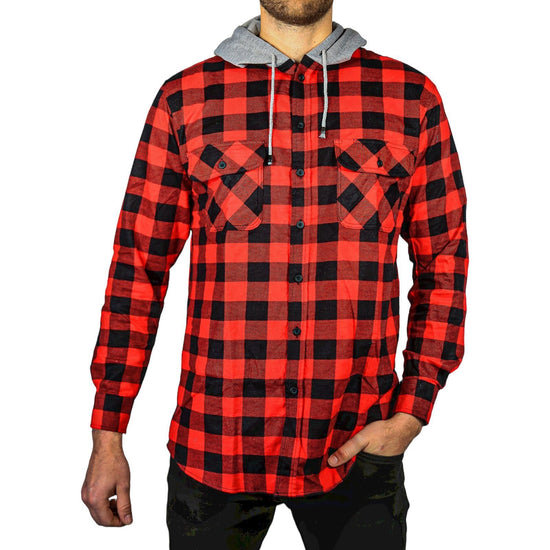 Mens Cotton Flannelette Shirt w Jersey Hood Long Sleeve Flannel - Red/Black - XL
