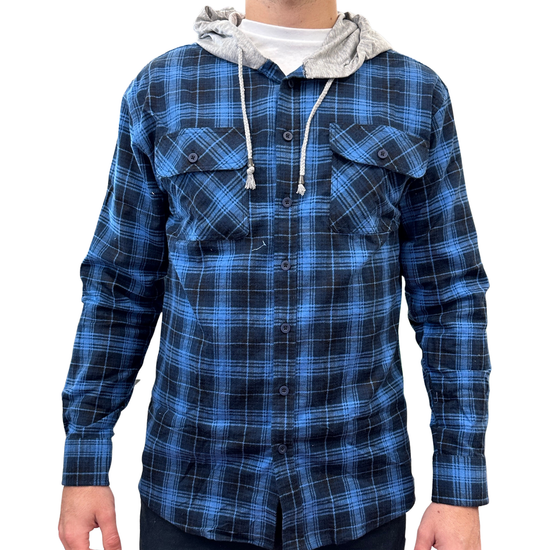 Mens Cotton Flannelette Shirt w Jersey Hood Long Sleeve Flannel - Blue - 2XL