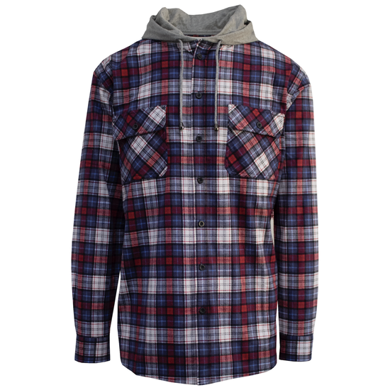 Mens Cotton Flannelette Shirt w Jersey Hood Long Sleeve Flannel - Navy - M