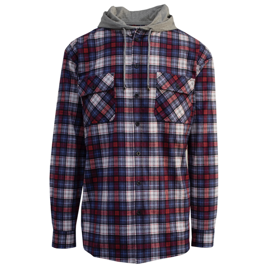 Mens Cotton Flannelette Shirt w Jersey Hood Long Sleeve Flannel - Navy - S