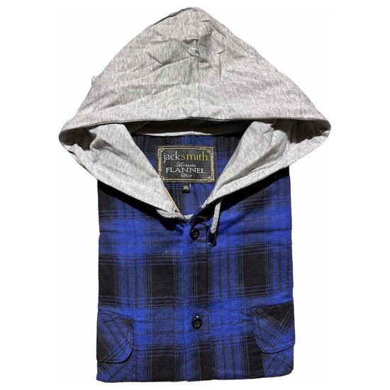 Mens Cotton Flannelette Shirt w Jersey Hood Long Sleeve Flannel - Royal Blue - S