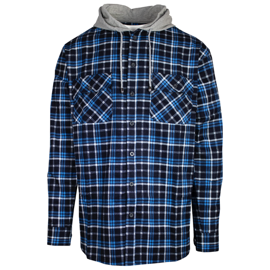 Mens Cotton Flannelette Shirt w Jersey Hood Long Sleeve Flannel - Turquoise - M