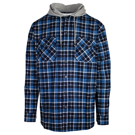 Mens Cotton Flannelette Shirt w Jersey Hood Long Sleeve Flannel - Turquoise - S