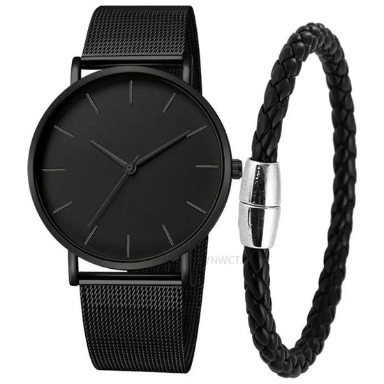 NNEOBA Mens Ultra Thin Magnetic Bracelet Quartz Watch - All-Black Slim Mesh Steel