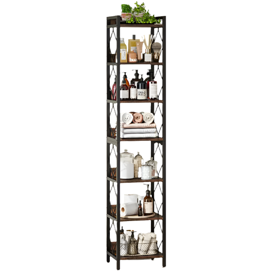 NNETMLT 78.7 Inch Extra Tall 7 Tier Skinny Bookcase, Rustic Brown