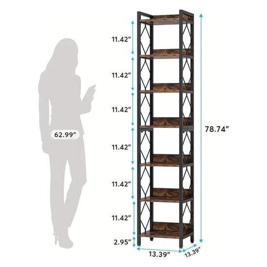 NNETMLT 78.7 Inch Extra Tall 7 Tier Skinny Bookcase, Rustic Brown