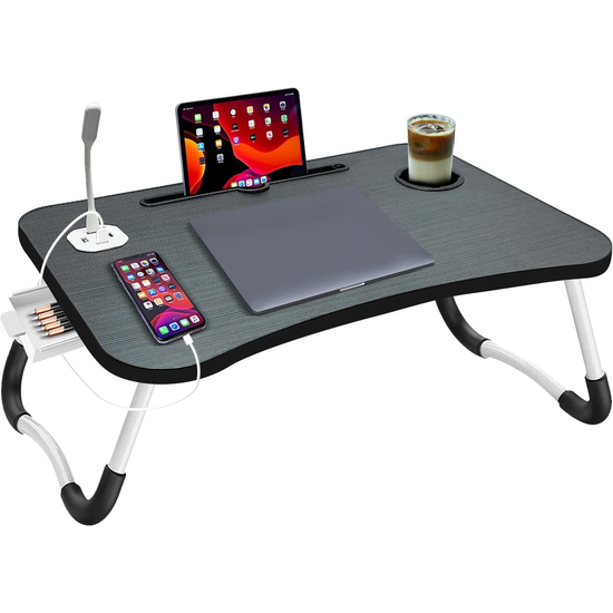 NNECN Laptop Desk Bed Table Tray Folding Breakfast Table Portable Lap Standing Desk Notebook Stand Reading Holder for Bed/Sofa Large Lap Desk with USB-Charger and Cup-Holder
