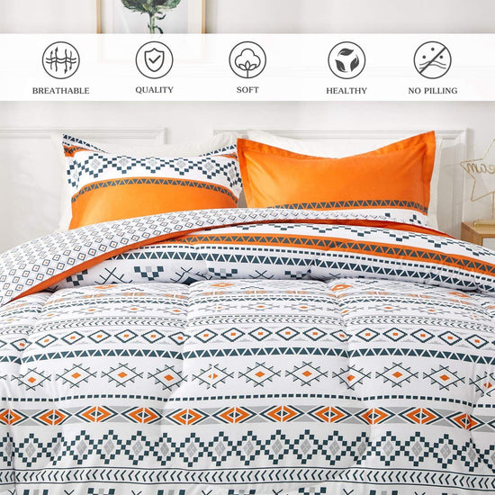 Boho Comforter Set, Queen/King Size, Reversible Orange Geometric 3-Piece Bedding Collection