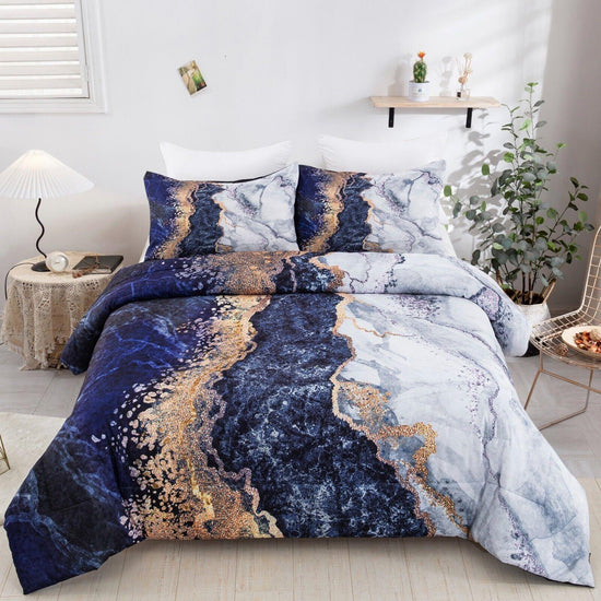 Blue Marble Comforter Set, Queen/King Size, Retro Watercolor 3-Piece Bedding Ensemble