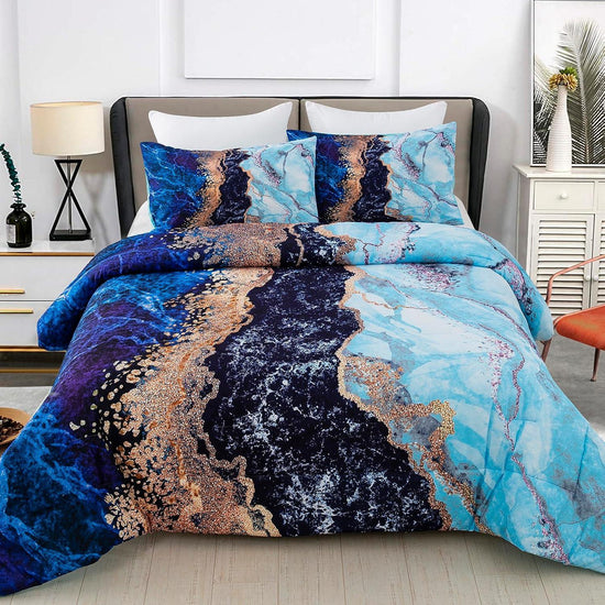 Blue Marble Comforter Set, Queen/King Size, Retro Watercolor 3-Piece Bedding Collection