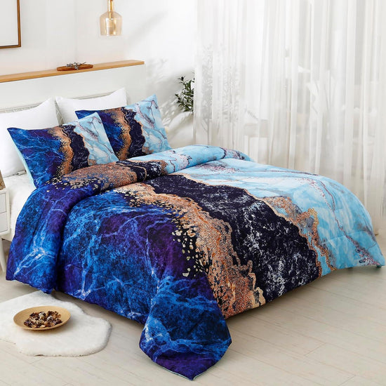 Blue Marble Comforter Set, Queen/King Size, Retro Watercolor 3-Piece Bedding Collection