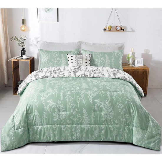 Floral Comforter Set, Queen/King Size, Green White Floral Pattern Reversible Bedding