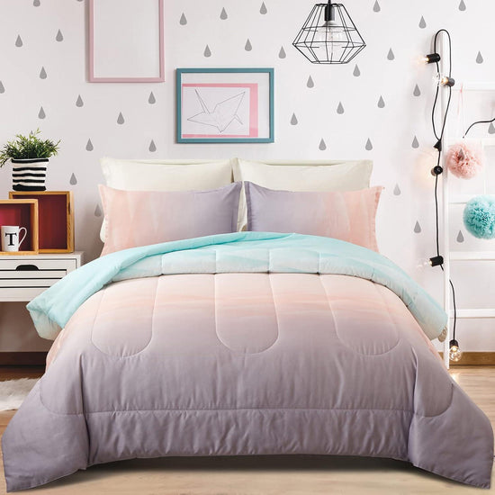 Girls Comforter Set, Queen/King Size, Ombre Blue Pink Rainbow 3-Piece Bedding Collection