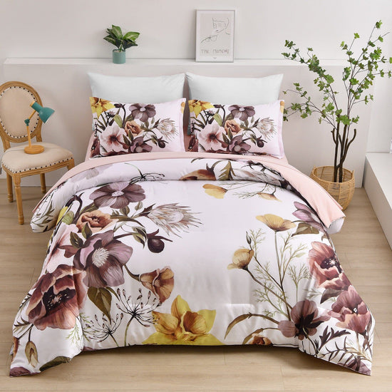 Floral Comforter Set, Queen/King Size, Blush Floral 3-Piece Bedding, Soft Microfiber for All Seasons