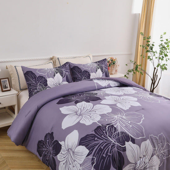 Queen/King Comforter Set, Dark Purple Floral 3-Piece Bedding, Soft Microfiber for All Seasons