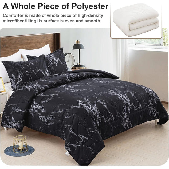 Queen Black Marble Comforter Set, Bedding for All Seasons, 3-Piece Set