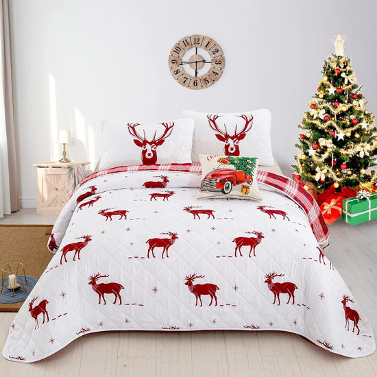 Joyful Red & white Reindeer pattern reversible Christmas Queen Bedspread Set