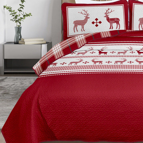 Joyful Red & white Reindeer Christmas Queen Bedspread Set