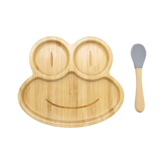 Bamboo Kids Children Baby Plate Bowl & Silicon Suction Cap Base & Spoon - Frog