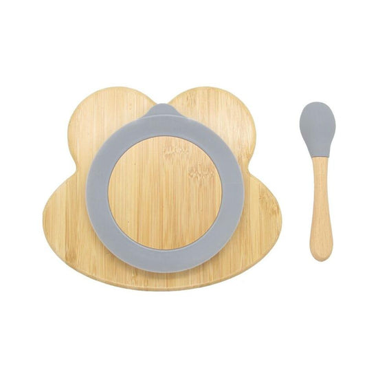 Bamboo Kids Children Baby Plate Bowl & Silicon Suction Cap Base & Spoon - Frog