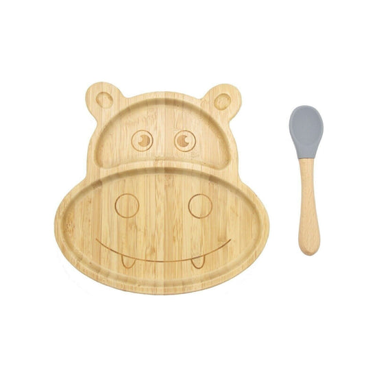 Bamboo Kids Children Baby Plate Bowl & Silicon Suction Cap Base & Spoon - Hippo