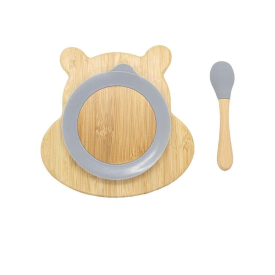 Bamboo Kids Children Baby Plate Bowl & Silicon Suction Cap Base & Spoon - Hippo