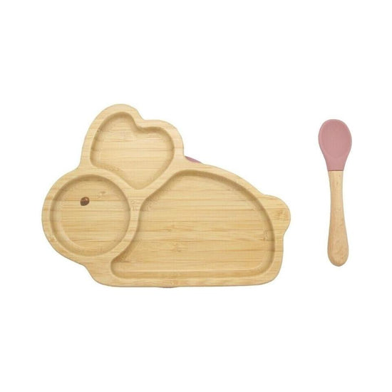 Bamboo Kids Children Baby Plate Bowl & Silicon Suction Cap Base & Spoon - Rabbit