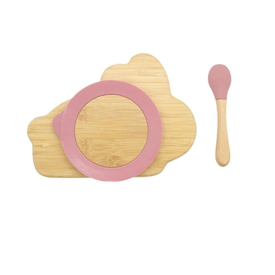 Bamboo Kids Children Baby Plate Bowl & Silicon Suction Cap Base & Spoon - Rabbit