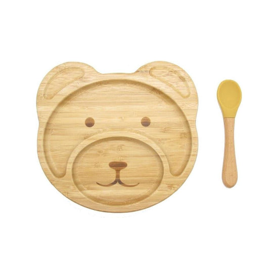 Bamboo Kid Child Baby Plate Bowl & Silicon Suction Cap Base & Spoon - Teddy Bear