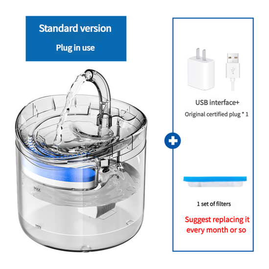 Standard Version Pet Water Fountain with USB Interface and Certified Plug – Transparent Design