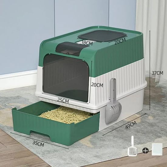 Green Large Enclosed Cat Litter Box with Drawer and Scoop-Odor Control, Removable Tray, Easy Clean Design