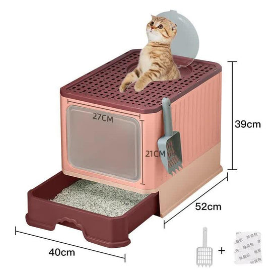 Top-Entry Cat Litter Box with Drawer-Enclosed Design, Easy Clean, Odor Control, Anti-Tracking Lid Pink