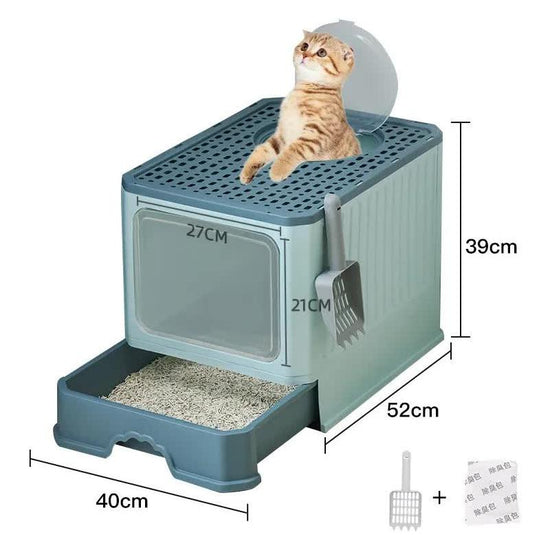 Top-Entry Cat Litter Box with Drawer-Enclosed Design, Easy Clean, Odor Control, Anti-Tracking Lid  Green