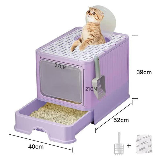 Top-Entry Cat Litter Box with Drawer-Enclosed Design, Easy Clean, Odor Control, Anti-Tracking Lid Purple