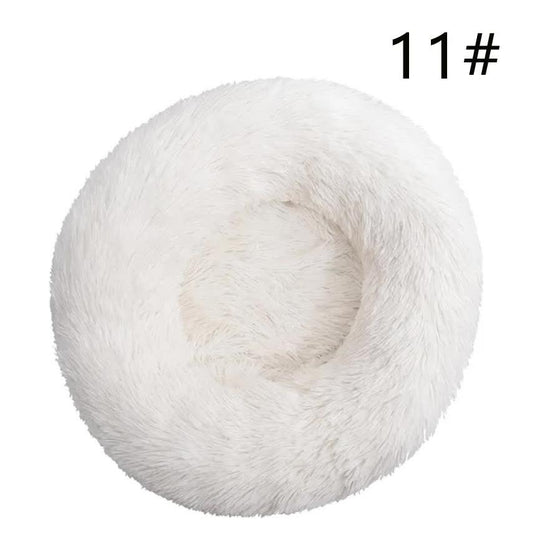 Calming Donut Pet Bed -Soft Faux Fur, Anti-Anxiety Fluffy Round Bed for Cats and Small Dogs (White)40cm