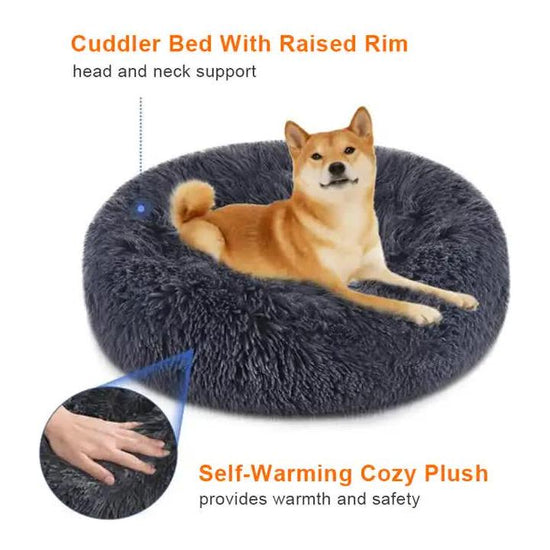 Calming Donut Pet Bed -Soft Faux Fur, Anti-Anxiety Fluffy Round Bed for Cats and Small Dogs (Coffee)40cm