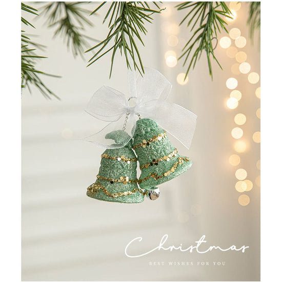 Green Glitter Christmas Bell Ornaments with White Bow - Hanging Holiday Decoration 5 pieces