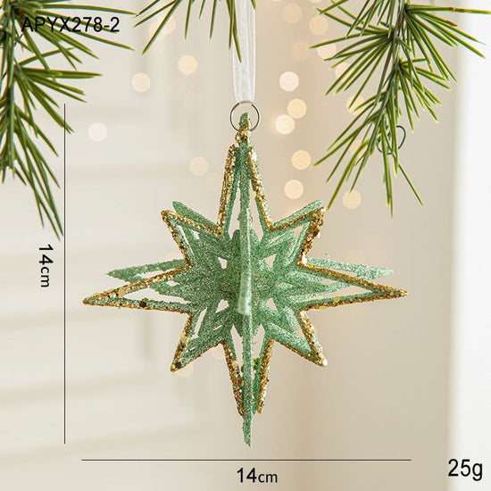 Green Glitter 3D Star Ornament with Gold Accents -Hanging Christmas Decoration 5 pieces