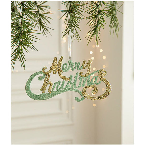 Green and Gold Glitter Merry Christmas Hanging Ornament -Festive Holiday Decoration 5 pieces