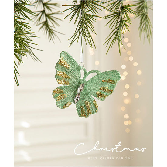 Green Glitter Butterfly Christmas Ornament with Gold Accents - Hanging Holiday Decoration 5 pieces